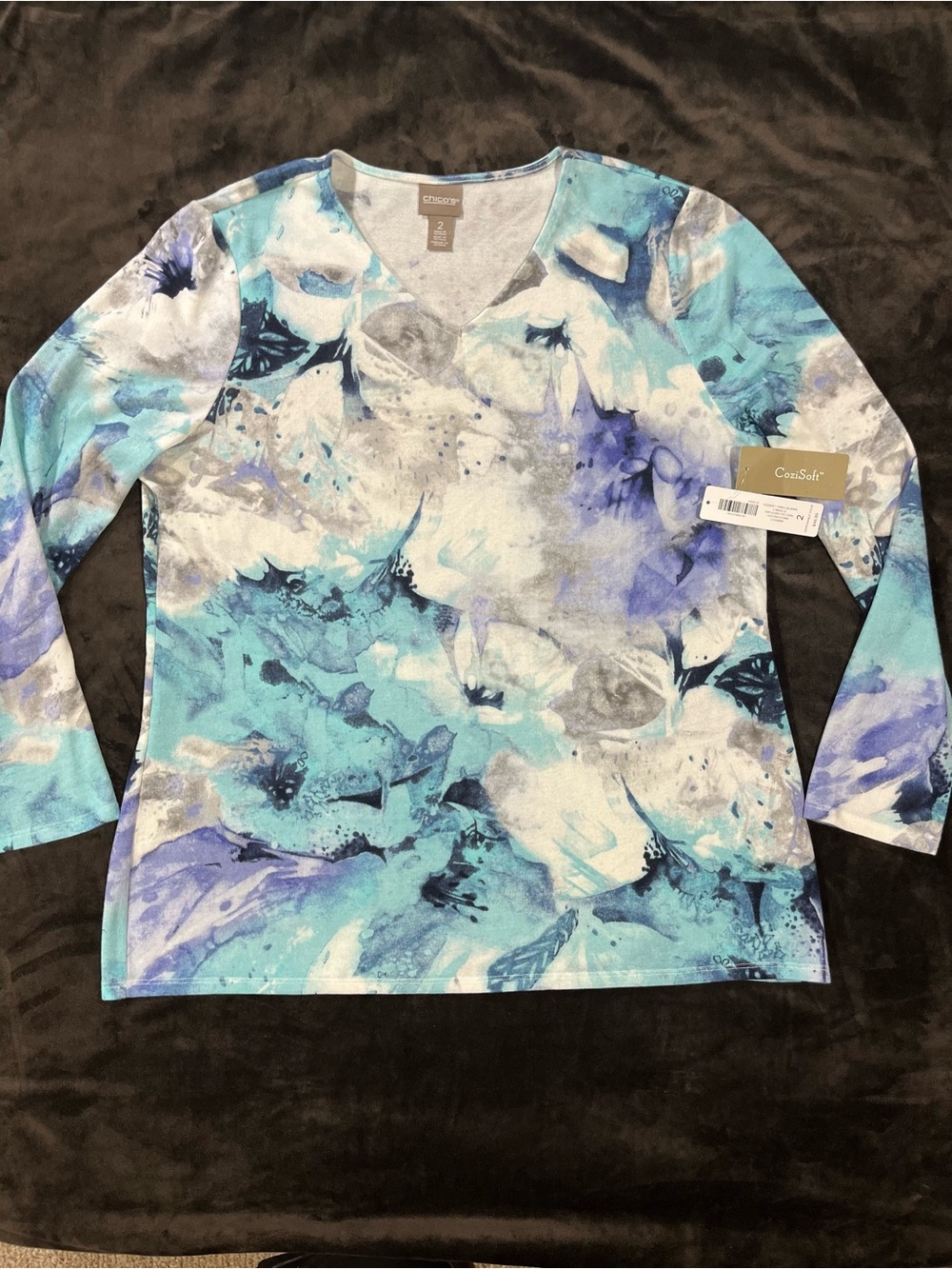 NWT Chicos Women’s CoziSoft Size 2 Large V-Neck Floral Abstract Blue Purple Top - Picture 2 of 14
